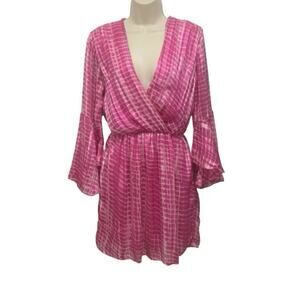 Boston Proper Pink Tie Dye Faux Wrap Mini Dress XS Metallic Stripe Resort